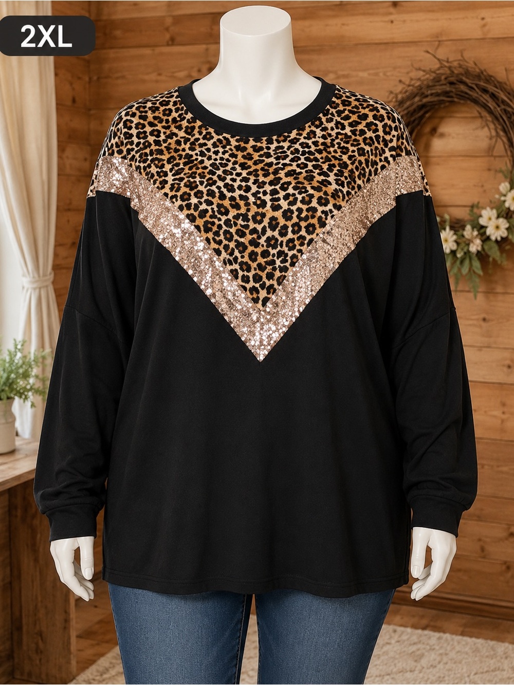 Sunshine & Rodeos Size 2XL Black Leopard Sequin Women's Top